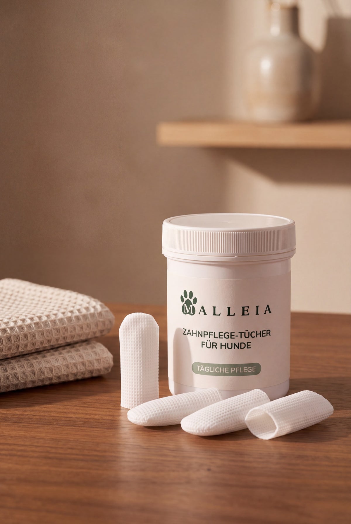 Die Malleia Dose mit vier Fingerlingen und gefalteten Waffeltuechern auf einem Holztisch