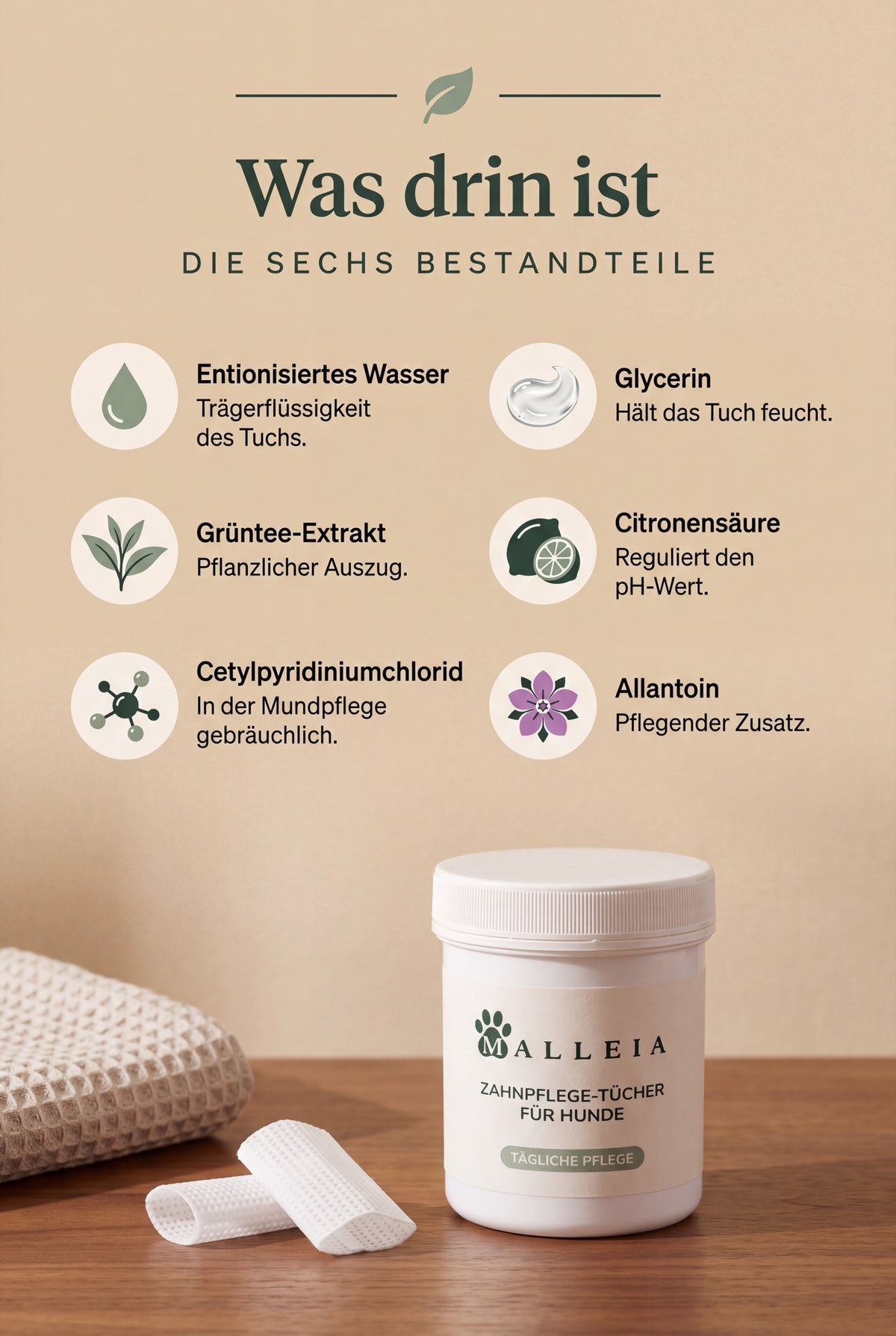 Die sechs Bestandteile der Malleia Zahnpflege-Tuecher fuer Hunde, darunter die Dose auf einem Holztisch