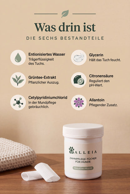 Die sechs Bestandteile der Malleia Zahnpflege-Tuecher fuer Hunde, darunter die Dose auf einem Holztisch